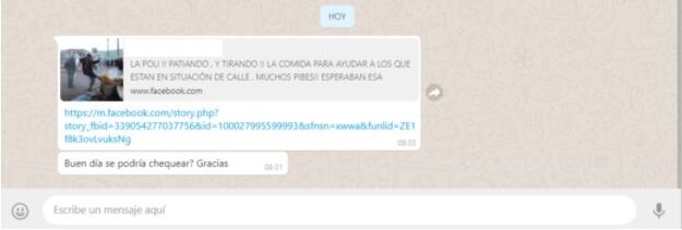 
Captura de pantalla realizada el 16 de julio de 2019 de uno de los mensajes que llegó a Reverso en WhatsApp
