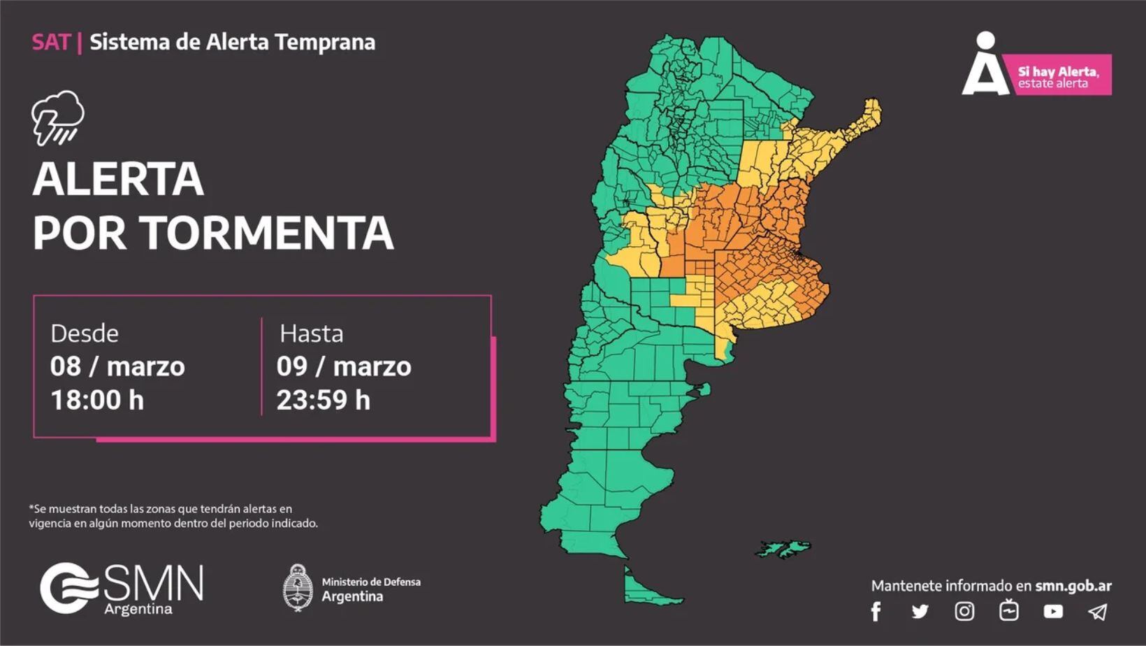 Mapa de alerta por tormentas fuertes (SMN)