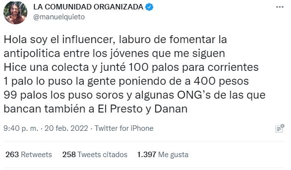 Mensaje compartido en las redes sociales.