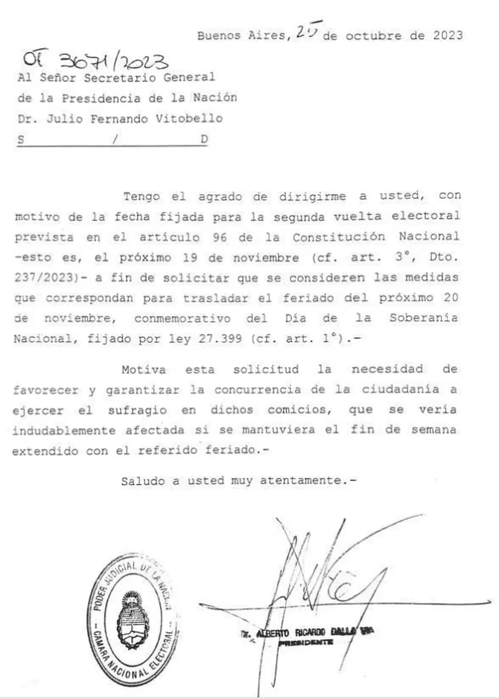 Nota de la Cámara Nacional Electoral. Foto: Gentileza TN