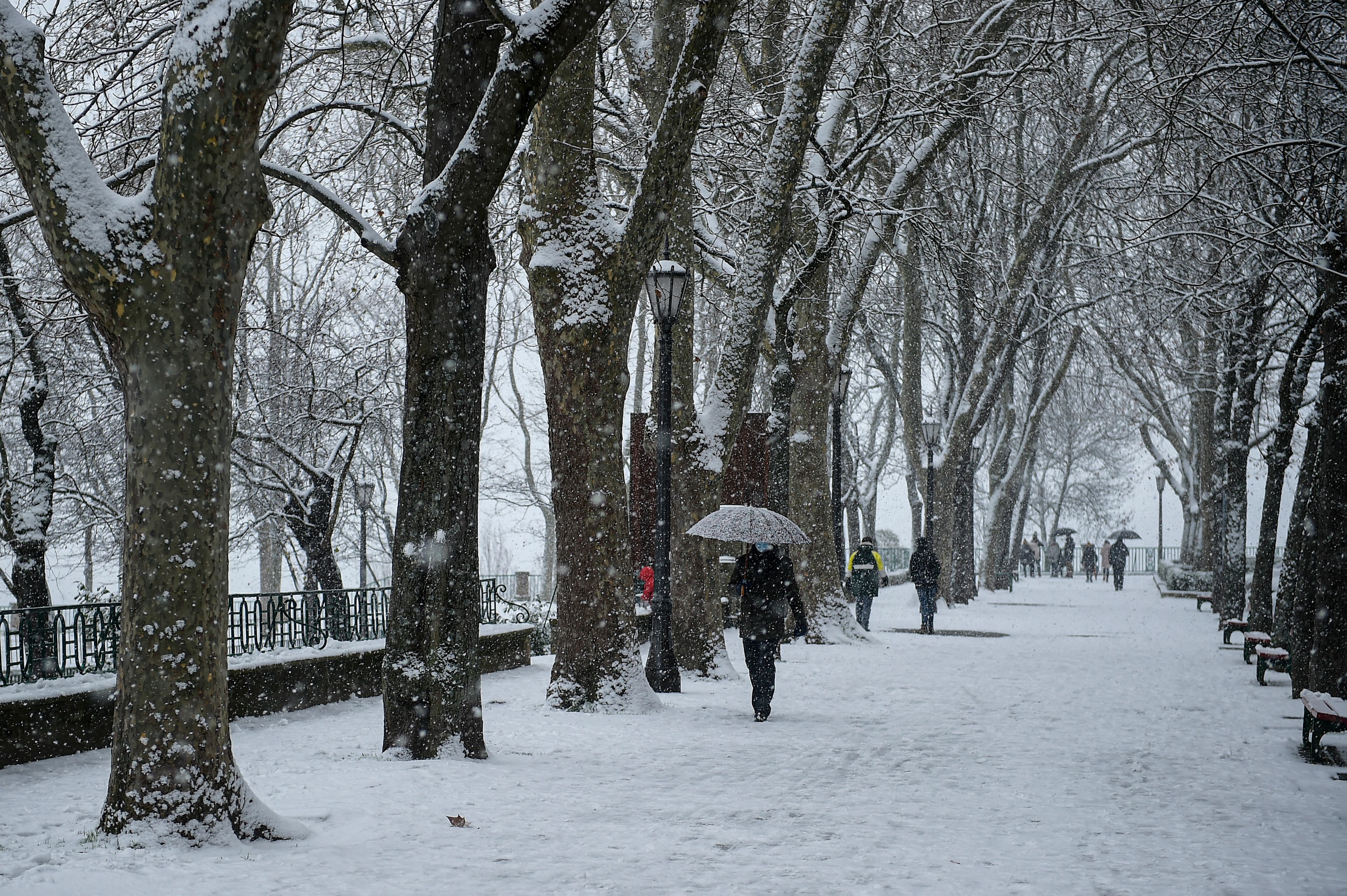 Gente caminando con paraguas por un paseo bajo la nieve en Pamplona, en el norte de España.