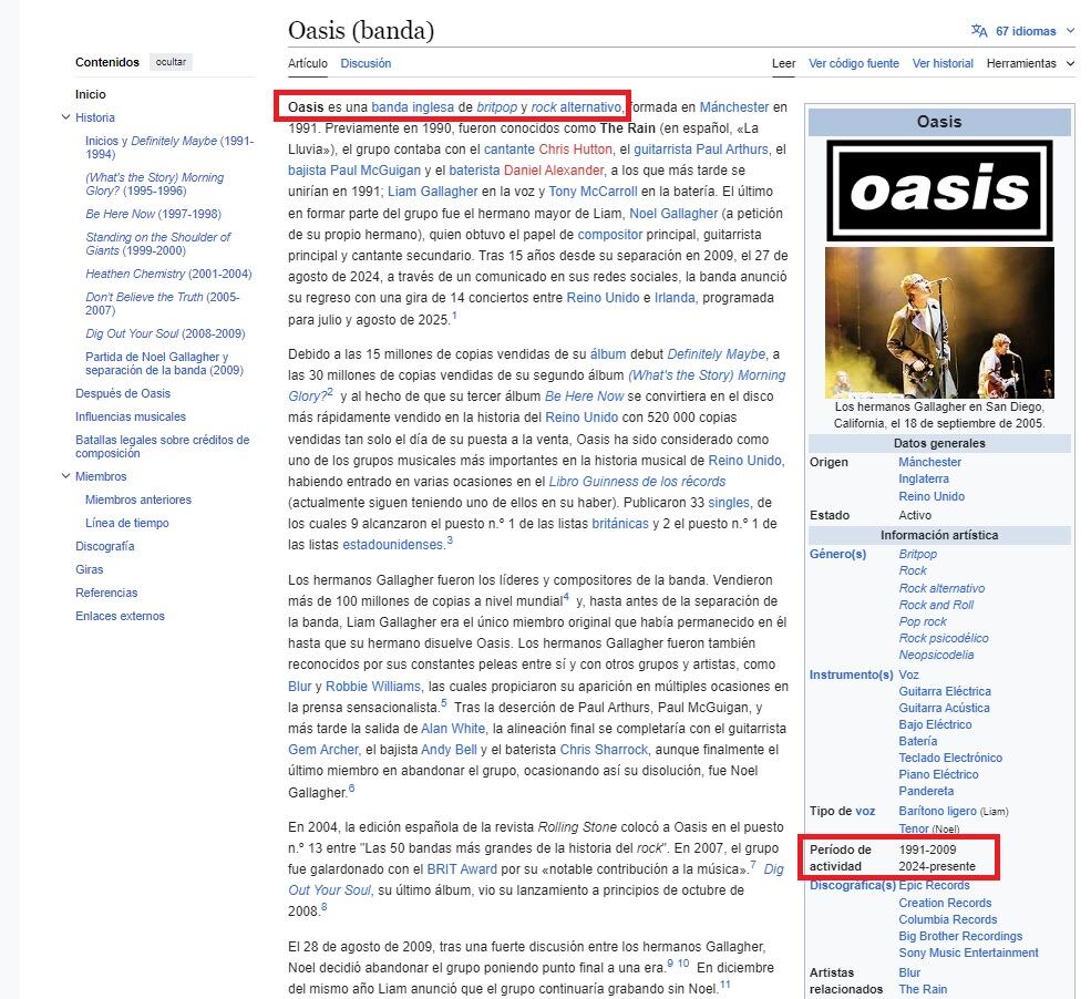 El contundente cambio en la Wikipedia de Oasis. Captura de Wikipedia.