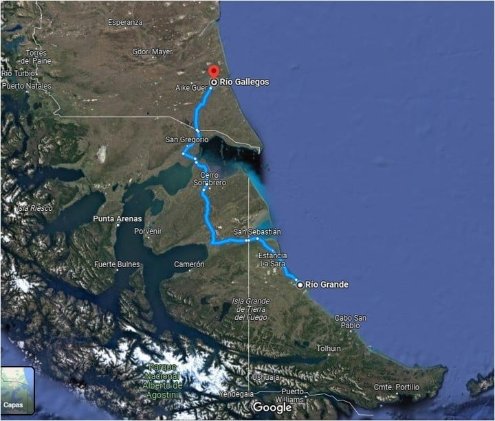 Esta es la ruta que suelen hacer los camiones que se dirigen desde Santa Cruz hasta Tierra del Fuego.