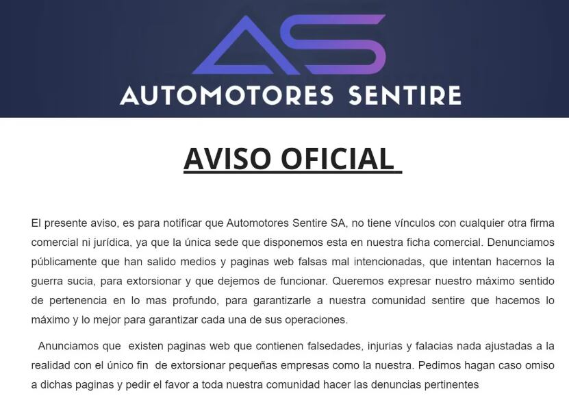 Comunicado de la empresa denunciada por estafa. Captura: Automotores Sentire