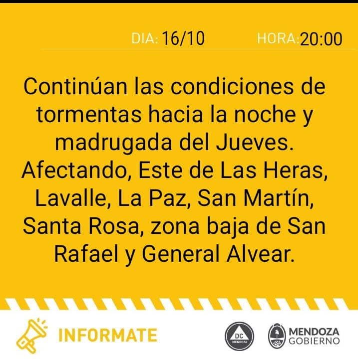 Alerta amarilla por tormentas en distintos puntos de Mendoza. Prensa Gobierno