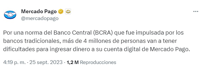 Mercado Pago apuntó contra una normativa de BCRA - X Mercado Pago