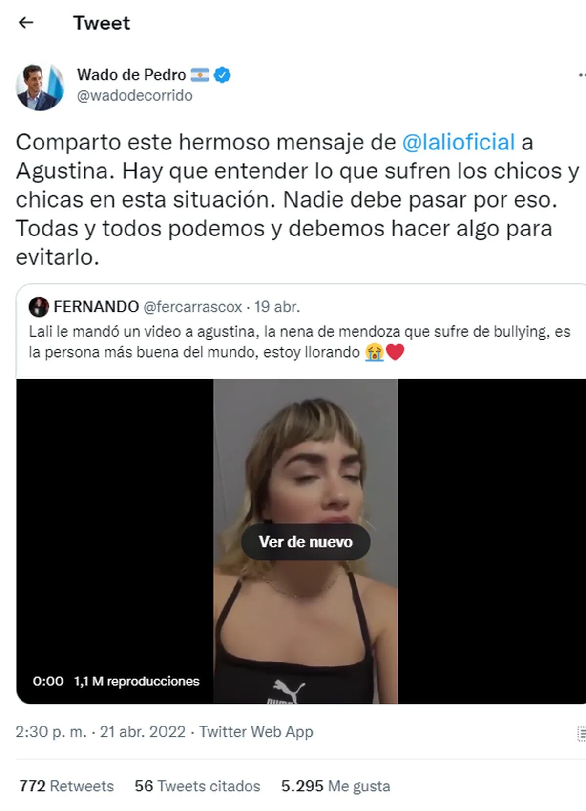 De Pedro compartió el video de Lali