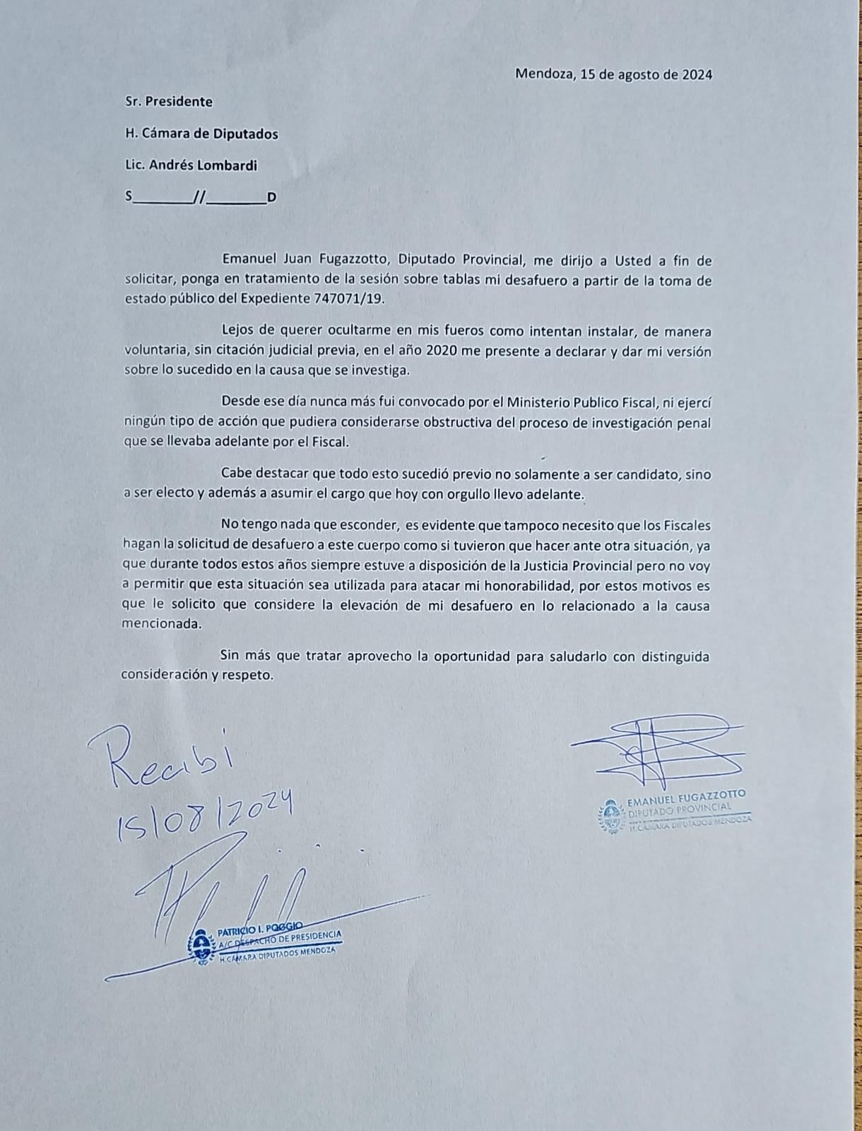 El diputado Emanuel Fugazzotto pide que se trate su desafuero, aunque nadie lo ha pedido hasta el momento.