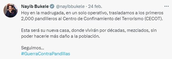 Así lo comunicó Nayib Bukele en Twitter. Foto: Captura de pantalla.