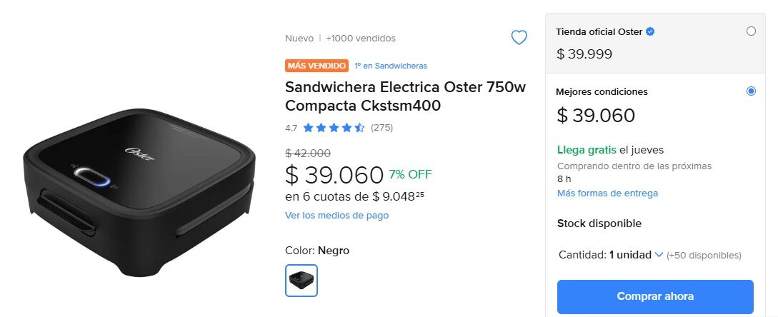 En Argentina el mismo modelo de sandwichera se encuentra en Mercado Libre por $39.060 argentinos.