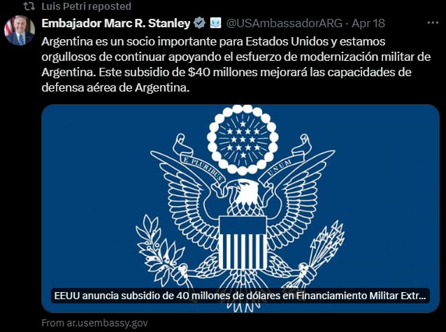 Marc Stanley, embajador de Estados Unidos en la Argentina, agradeció el vinculo entre ambos países. Captura: X / @luispetri