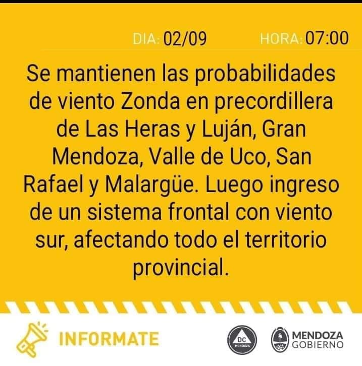 Defensa Civil emitió alerta amarilla por viento Zonda para este lunes 2 de septiembre.