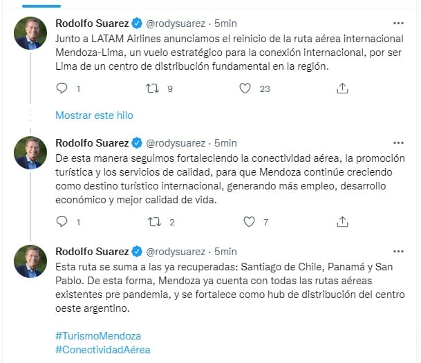 "Junto a LATAM Airlines anunciamos el reinicio de la ruta aérea internacional Mendoza-Lima, un vuelo estratégico para la conexión internacional, por ser Lima de un centro de distribución fundamental en la región", dijo Rodolfo Suárez