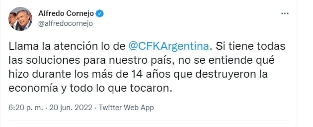 El senador nacional Alfredo Cornejo fue muy duro con Cristina Fernández.