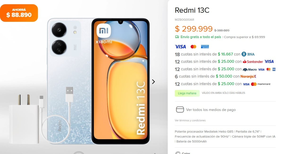 Precio de teléfono Xiaomi Redmi 13C en la tienda de Xiaomi Argentina