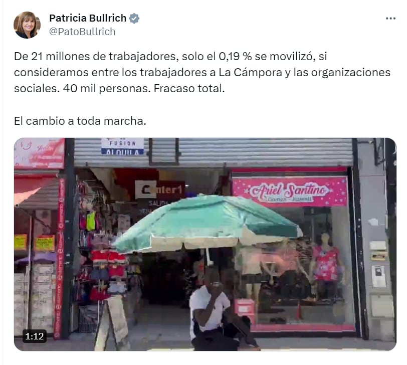 Patricia Bullrich dijo que el paro de la CGT fue un fracaso - X