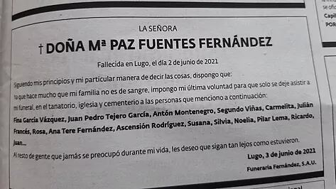 Doña María Paz pidió que se detallara en la esquela quiénes podían ingresar a su funeral y la casa fúnebre lo cumplió.