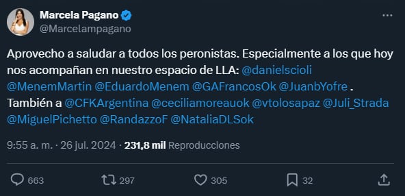 El saludo de Marcela Pagano a los peronistas que se encuentran en LLA.