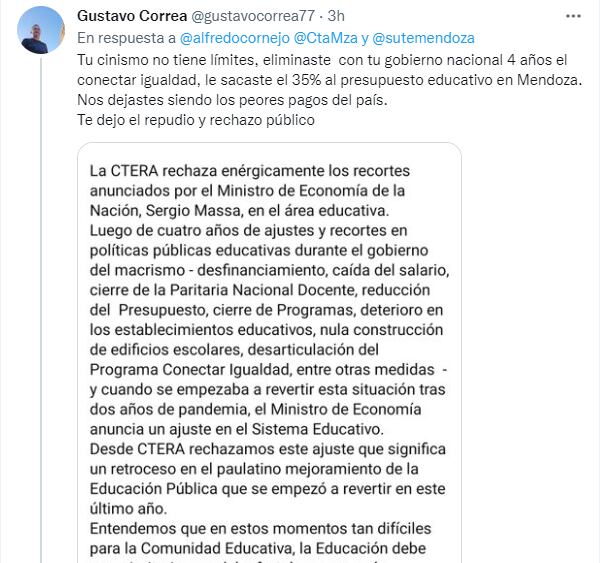 Gustavo Correa, del sindicato docente, salió a criticar a Cornejo por sus dichos.