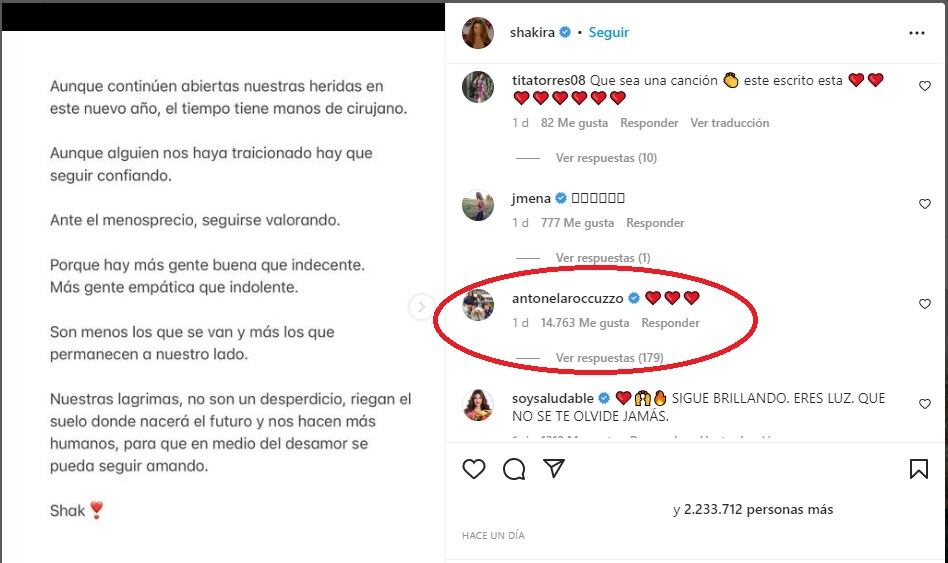 El posteo de Shakira al que reaccionó Antonela Roccuzzo.