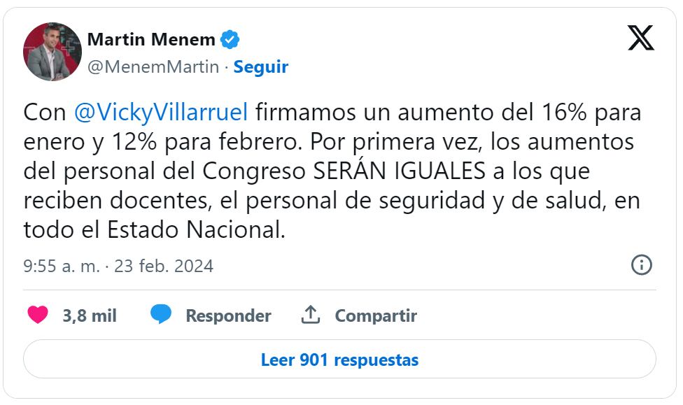 Posteo de Martín Menem sobre el aumento salarial para personal del Congreso. Foto Captura: X / @MenemMartin