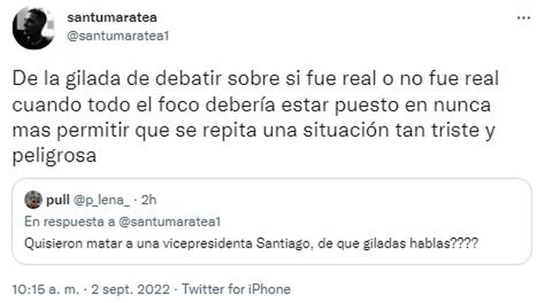 Sobre el atentado a CFK el influencer emitió su opinión en Twitter