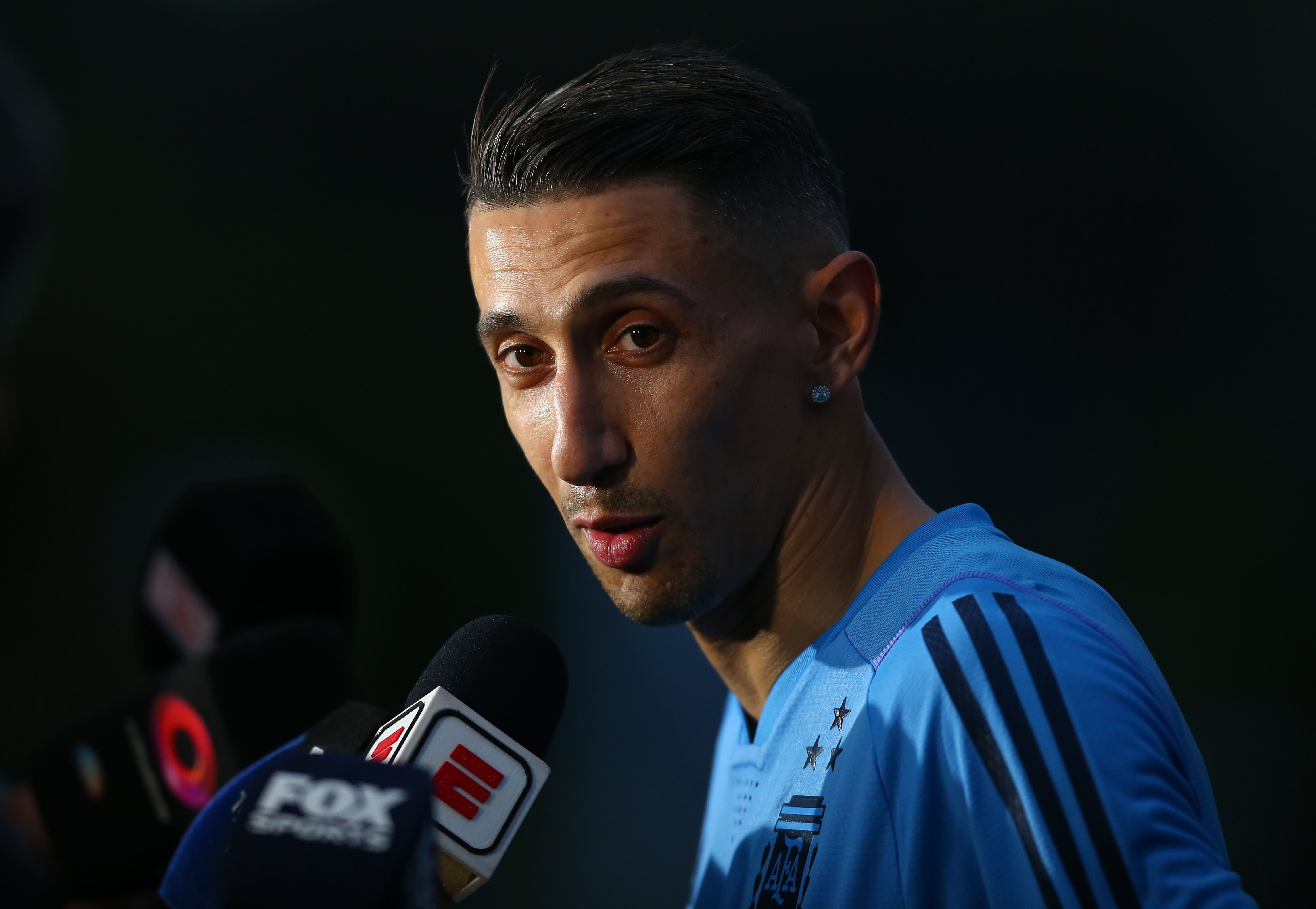 Ángel Di María, volante de la selección argentina, en el entrenamiento en el predio de Ezeiza. (Fotobaires)