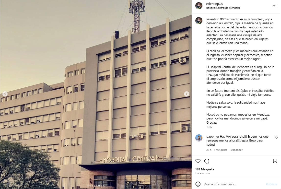 El emotivo agradecimiento de un joven al Hospital Central luego de que le salvaran la vida a su padre. Foto: Instagram