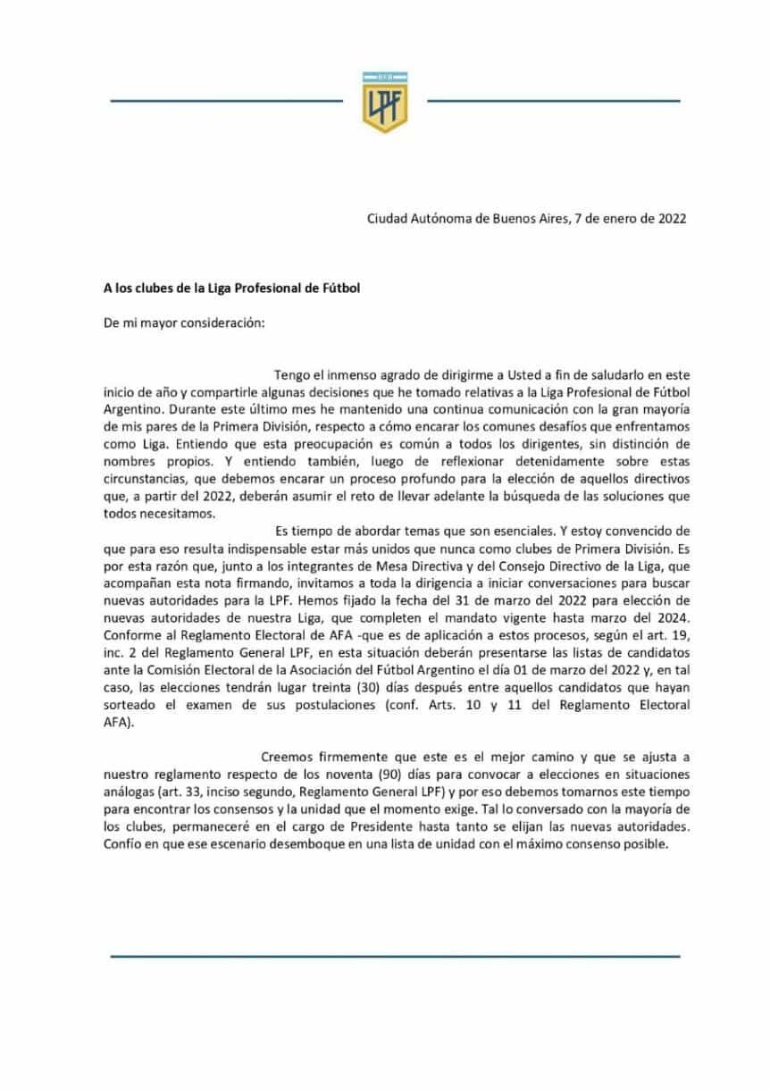 La carta de Tinelli a los clubes de la LPF.