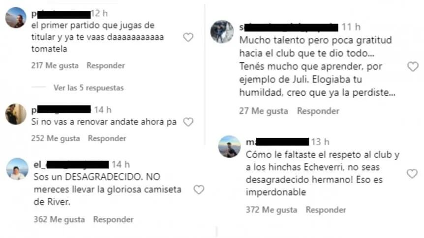 Claudio Echeverri tuvo que bloquear sus comentarios en istagram porque fue acosado por los hinchas de River. / Gentileza.