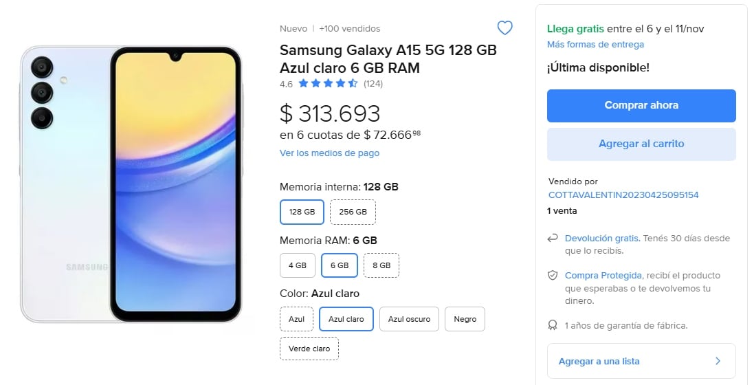 En nuestro país el mismo modelo Samsung A15 se encuentra en Mercado Libre a un precio de $313.693 argentinos.