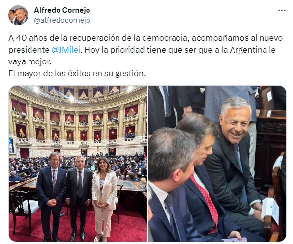 Alfredo Cornejo le deseó éxitos a la gestión de Javier Milei.