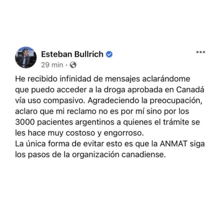 El exsenador había solicitado la aporbación por parte de Anmat de un medicamento contra la ELA.