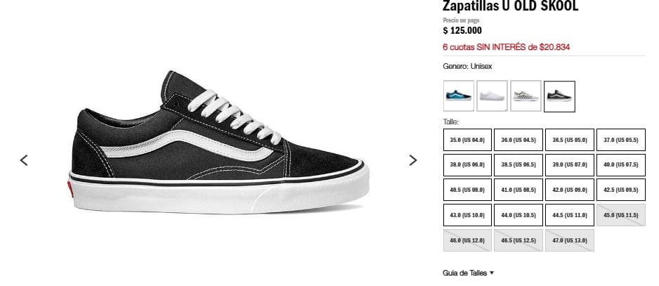 En Argentina el mismo modelo de zapatillas se encuentra en la tienda oficial de Vans por $125.000 argentinos.