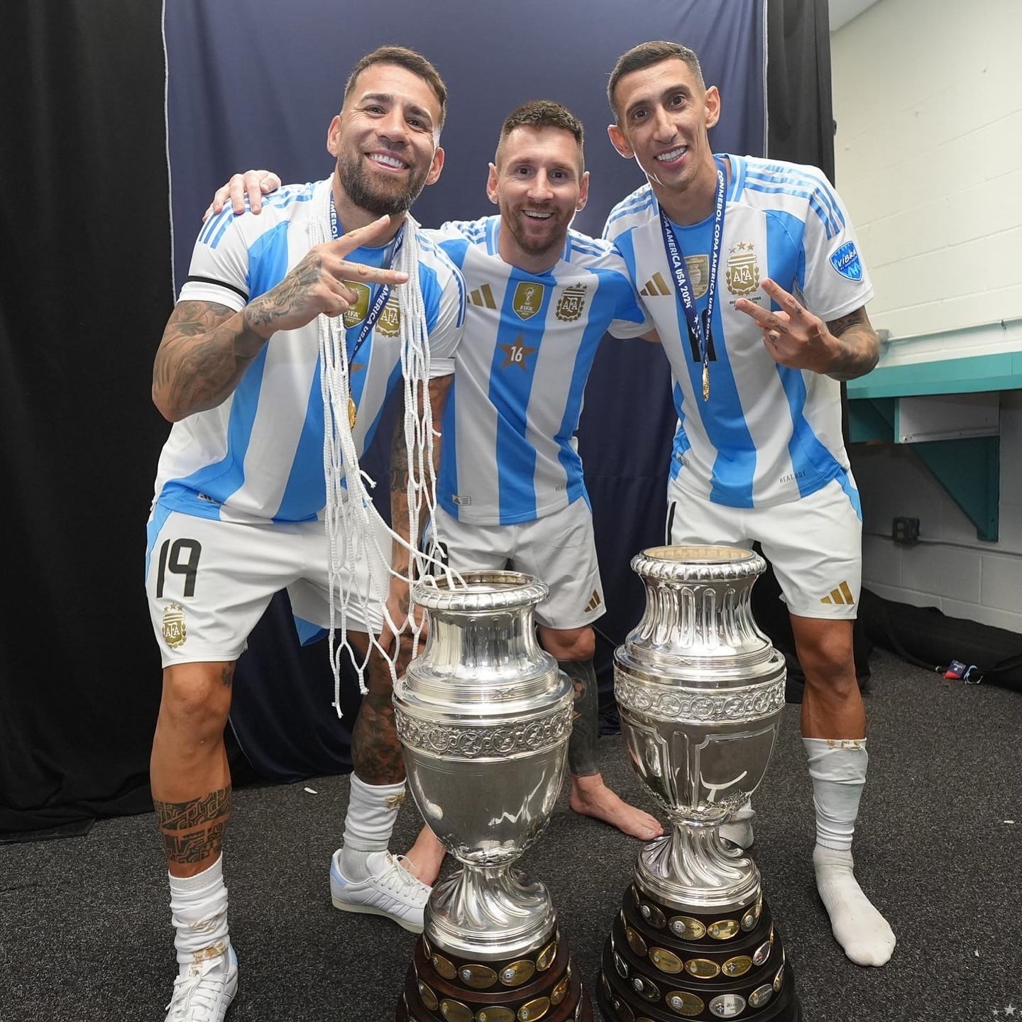 Nicolás Otamendi, Lionel Messi y Ángel Di María se consagraron bicampeones de la Copa América en 2024.