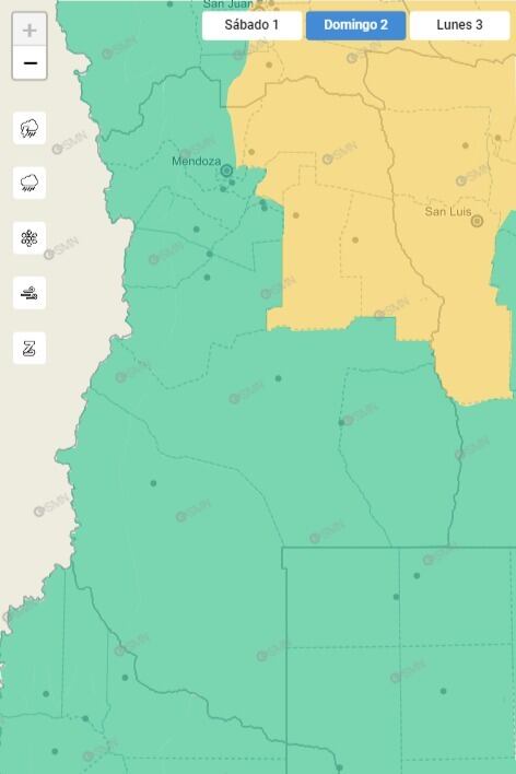 La alerta amarilla afecta a los departamentos de Lavalle, San Martín, Santa Rosa, La Paz y un sector de Las Heras.