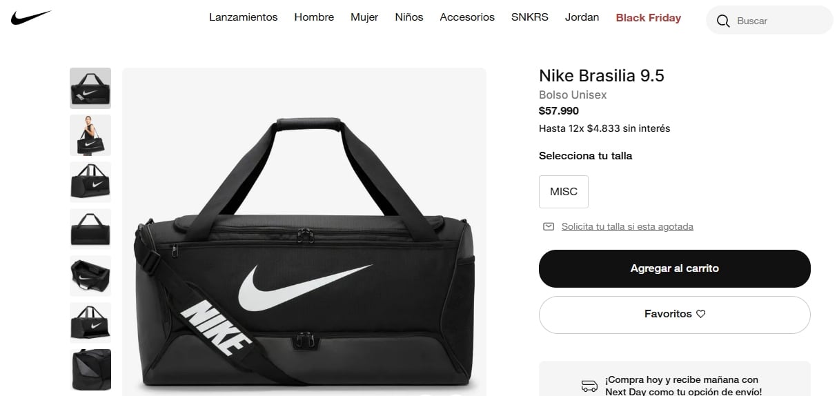 La tienda de Nike Chile ofrece un bolso deportivo modelo Brasilia a un precio de $57.990 chilenos.