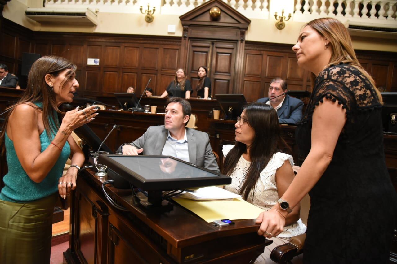 La senadora Natacha Eisenchlas dialogando con el bloque del PJ. Foto: Prensa Senado