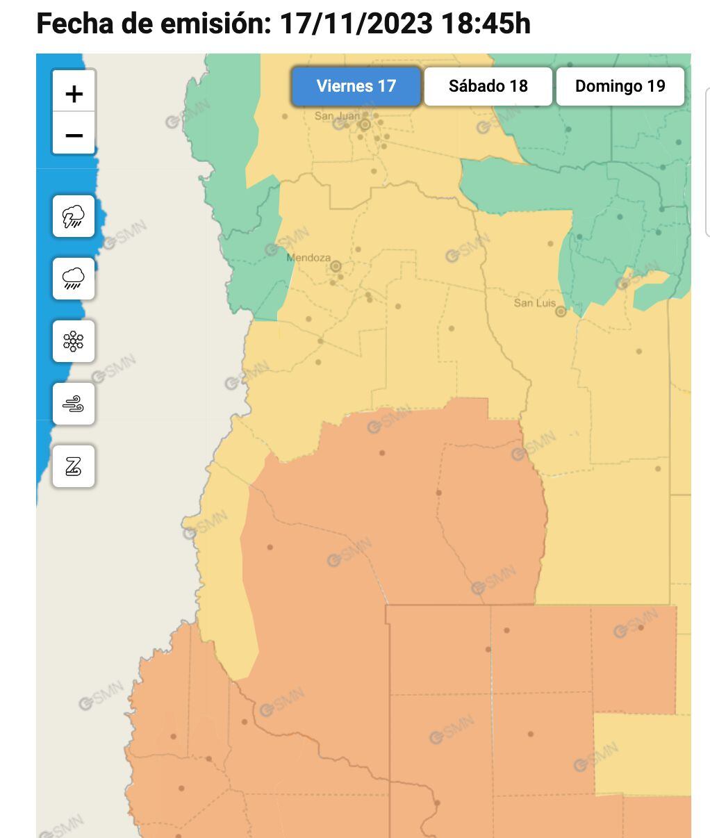 Mapa del sistema de alerta temprana del Servicio Meteorológico Nacional para este viernes 17/11/2023. Foto: Servicio Meteorológico Nacional