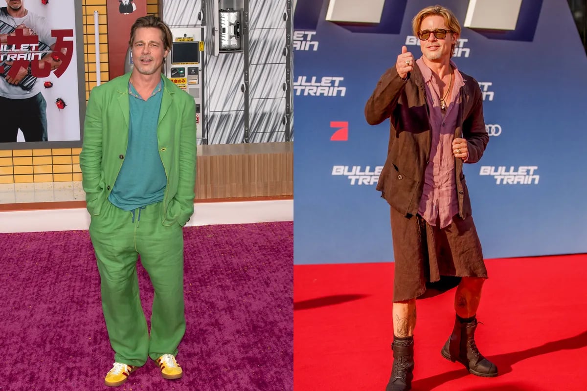 Brad Pitt impuso tendencia con falda y trajes de colores para la presentación del film "Tren bala"