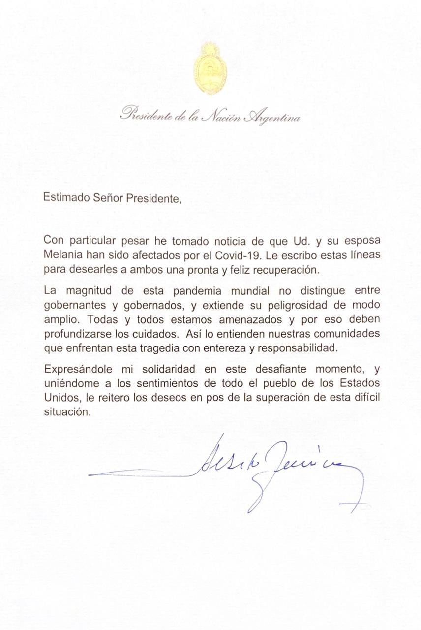 El presidente Alberto Fernández le envió una carta de Donald Trump. 