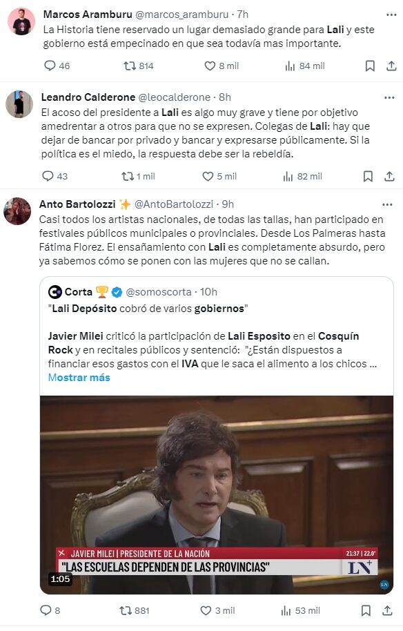 Lali "Depósito": en las redes salieron a defender a la cantante tras la dura crítica de Milei en TV (X)