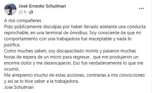 El pedido de disculpas de José Ernesto Schulman tras el escándalo 