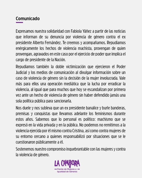 Comunicación del Frente de Mujeres de La Cámpora. Imagen: X / @mujeres_lc