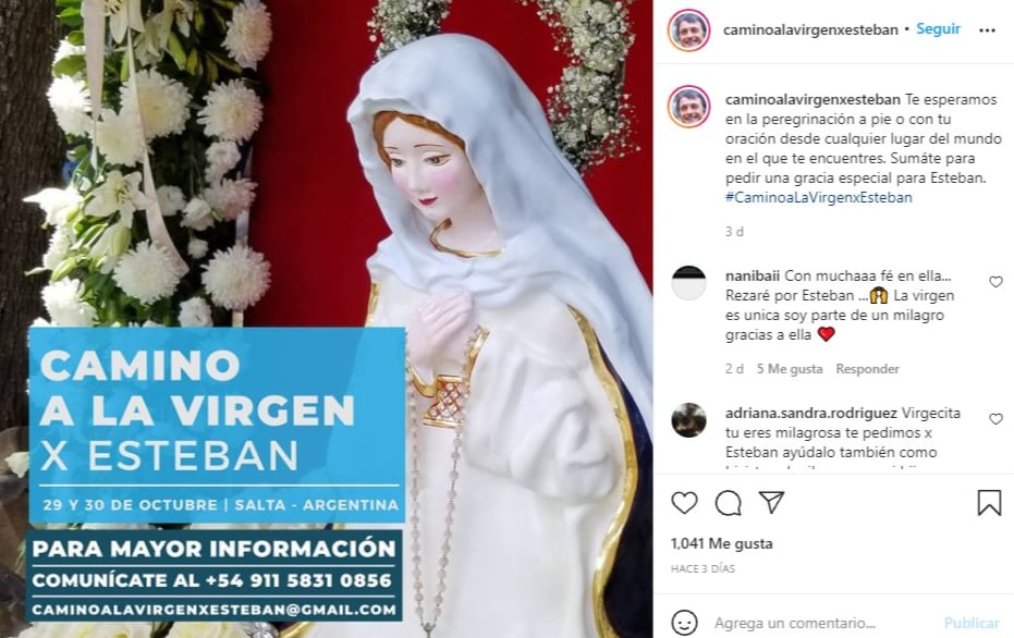 Una organización católica realizará una peregrinación a la Virgen del Cerro para pedir por la salud de Esteban Bullrich.