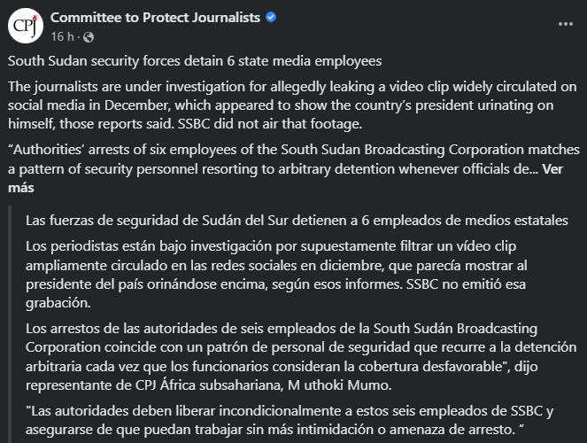 El CPJ se manifestó a través de sus redes por el arresto de los periodistas. Foto: Facebook/Commitee to Protect Journalists