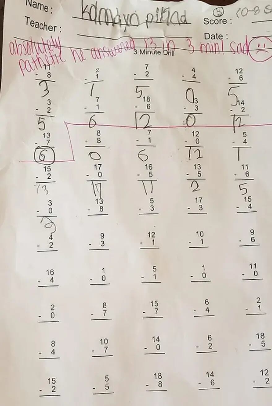 La maestra, junto con la calificación y el mensaje fuera de lugar, le adjuntó una cara triste: “¡Respondió 13 (consignas) en tres minutos! Triste”.  