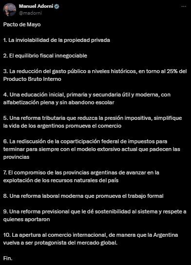 El tuit de Manuel Adorni dando a conocer los 10 puntos claves del Pacto de Mayo. Foto: captura.