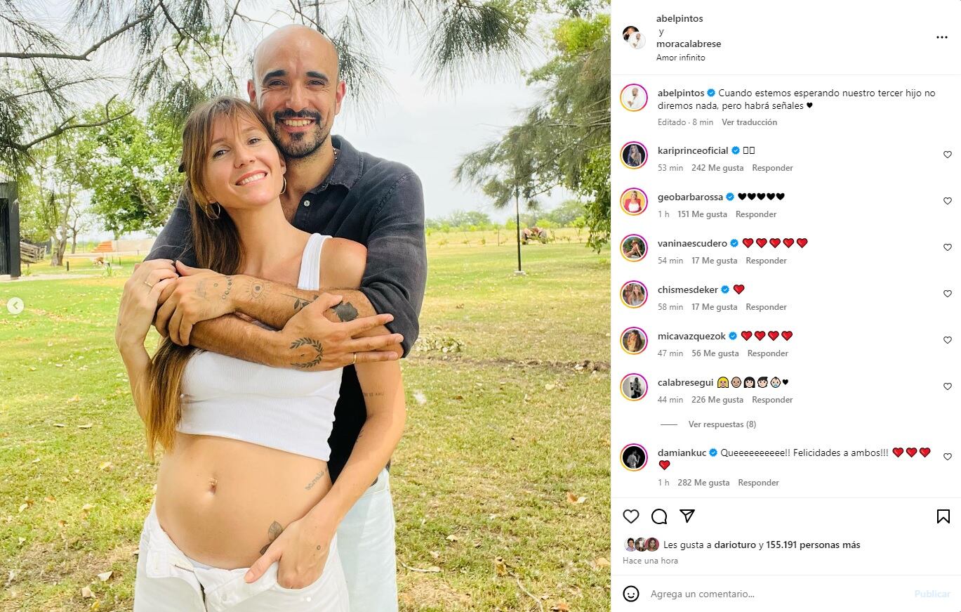 Abel Pintos y Mora Calabrese esperan a su segundo hijo juntos. Captura de Instagram.