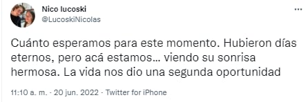 El sentido mensaje de Nicolás cuando Giuliana comenzó a mejorar de manera sorprendente. (Twitter)